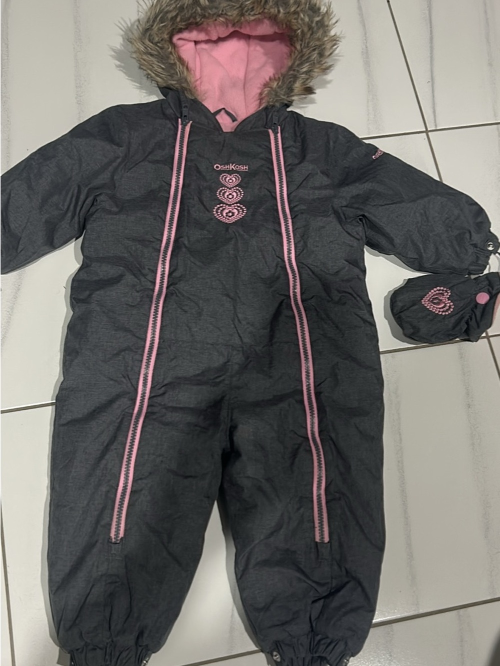 OshKosh B'gosh Charcoal Gray and Pink Winter One-Piece Snowsuit